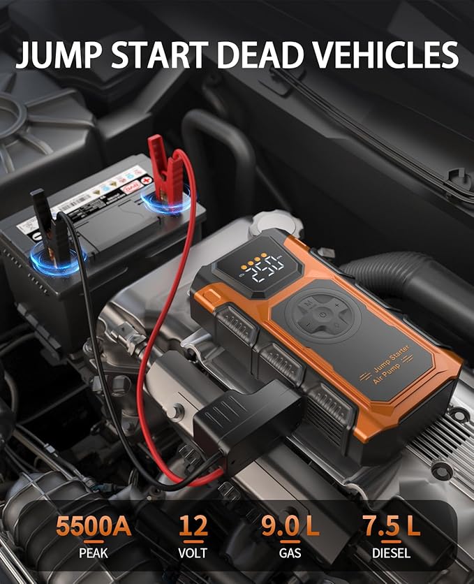 Jump Starter with Air Compressor, 5500A Car Battery Charger Power Jump Box Start 12V Vehicles(Up to 9.0L Gas&7.5L Diesel Engines) Portable Car Booster Jumper Pack Combo150 PSI Tire Inflator