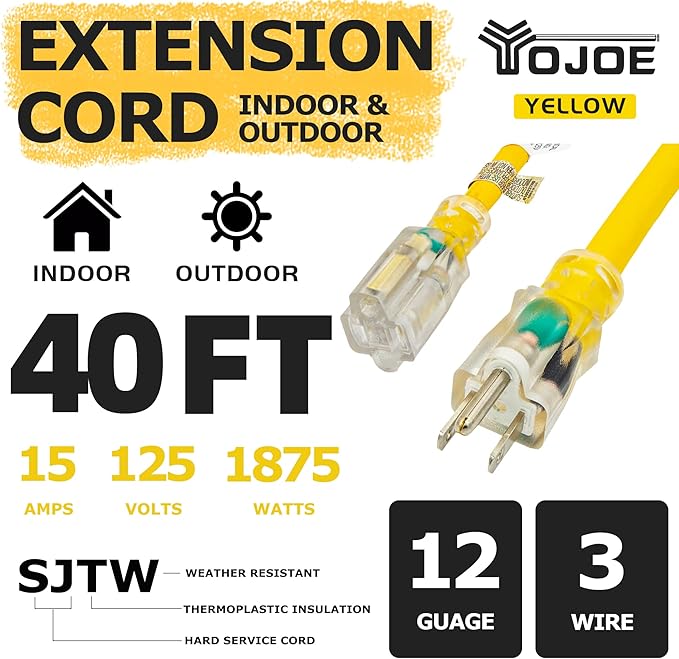 YOJOE Indoor Outdoor Extension Cord with Lighted End, 3 Prong 15A Weatherproof Power Cord, 12 Gauge Heavy Duty 40 ft Yellow Extension Cord for Garage, Garden and Home, 12/3 SJTW UL Listed