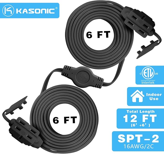 K Kasonic 12 Feet Twin Extension Cord Power Strip, 6 Feet on Each Side, Flat Head Outlet Plug,6 Polarized Outlets with Safety Cover, Double Extension Cord Splitter for Indoor Use, ETL Listed (Black)