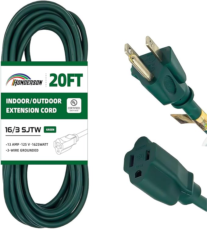 20FT Outdoor Extension Cord-16/3 SJTW Durable Green Extension Cable with 3 Prong Grounded Plug for Safety,Great for Outside Christmas Decorations