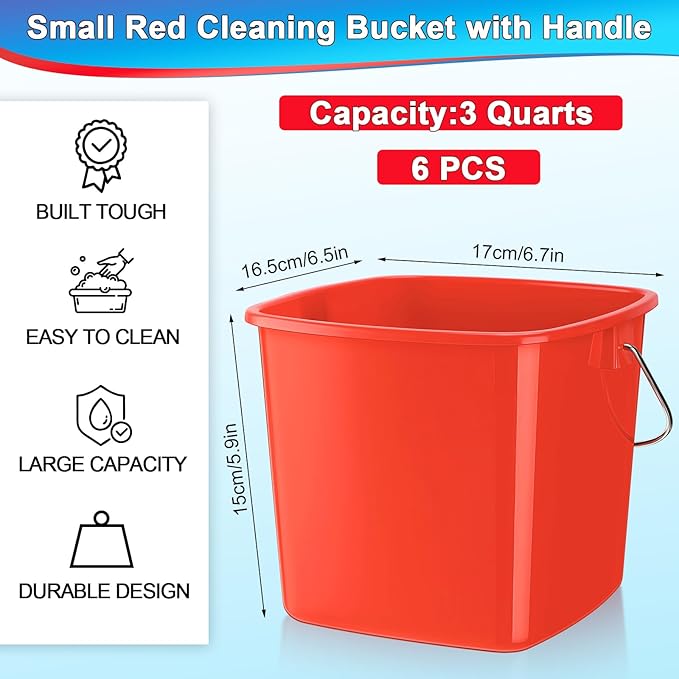 Zhehao 6 Pcs 3 Quart Bucket for Cleaning Small Sanitizer Bucket for Restaurant Square Plastic Pail with Handles for Home, Offices, Commercial Use, Food Service(Red)