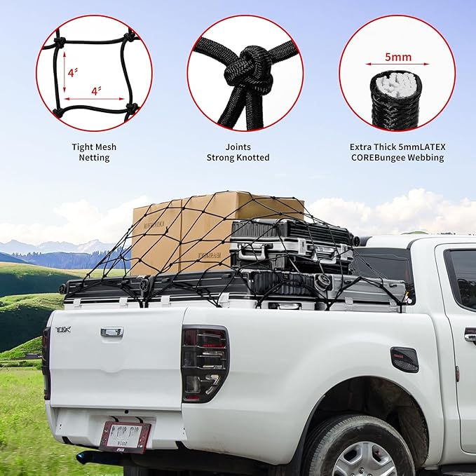 Heavy Duty Cargo Net for Pickup Truck Bed - Stretches from 5' x 7' to 15' x 21' - 12 Metal Carabiners - Compatible with Ford, Dodge RAM, Chevy, Toyota - Ideal for (Black, 5X7 Feet)