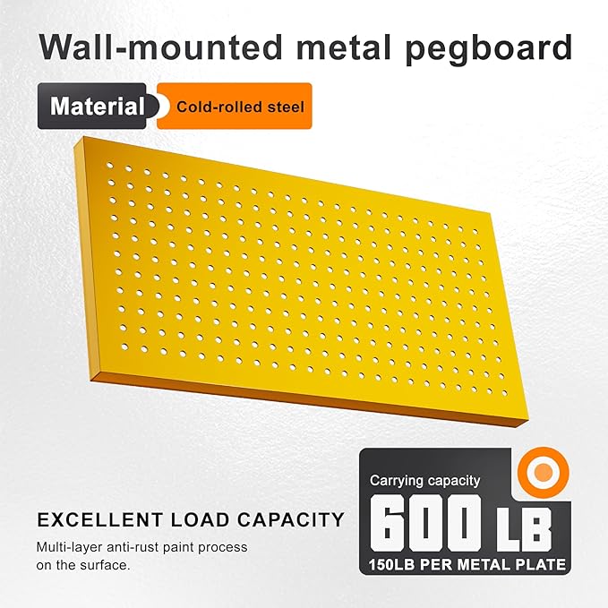 Metal Peg Board Panels for Workbench, Shop, Shed Modular Peg Board Organizer Board Kit, pegboard Wall Organizer(4 Pack, Yellow)