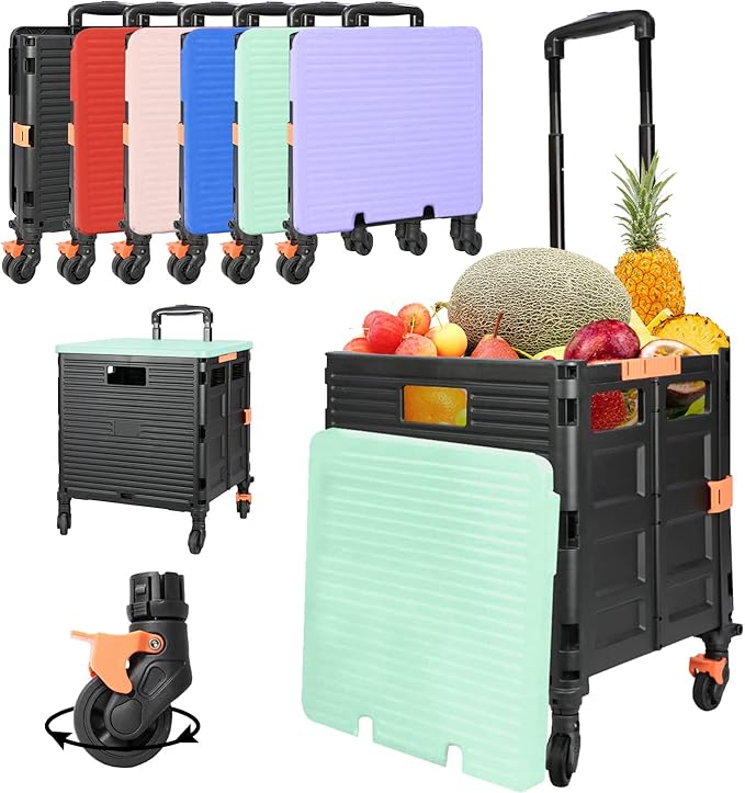 SELORSS Foldable Utility Cart Portable Rolling Crate Handcart Shopping Trolley Collapsible Tool Box with Rotate Noiseless Wheels Telescoping Handle Lid for Travel Move Storage Office School (Green)