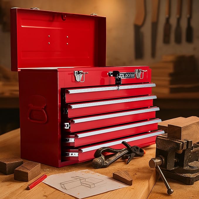 Metal Tool Box with 5 Drawers Portable Steel Tool Chest with Metal Cylinder Lock and Latch Closure, Liner, Red Powder coating, suitable for Garage, Warehouse and Outdoor Repair job
