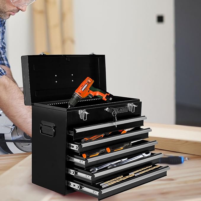 Metal Tool Box with 5 Drawers Portable Steel Tool Chest with Metal Cylinder Lock and Latch Closure, liner, Black and Red two color Powder coating, suitable for Garage, Warehouse and Outdoor Repair job