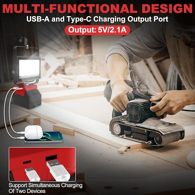 60W 6000LM Cordless Work Light Compatible with Milwaukee 18V Battery (Battery Not Included), Portable LED Flashlgiht Flood Light with USB &Type C Charging for Job Site, Emergency, Camping
