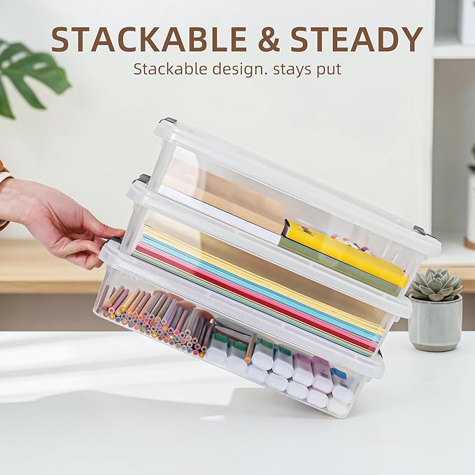 Citylife 3 PCS Plastic Storage Bins with Latching Lids Portable Project Case Clear File Box Stackable Storage Containers for Organizing A4 Paper, Photo, Document, Scrapbook