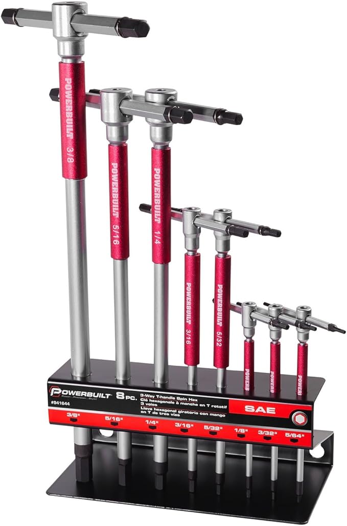 Powerbuilt 8 Pc SAE T-Handle Hex Allen Key Wrench Set w/ Speed Sleeves for Fast Spinning Action, Sliding Top Handle for “T” or “L” Shape, Long Shafts, Storage Rack, Auto, Bicycle, Moto - 941644 , Red