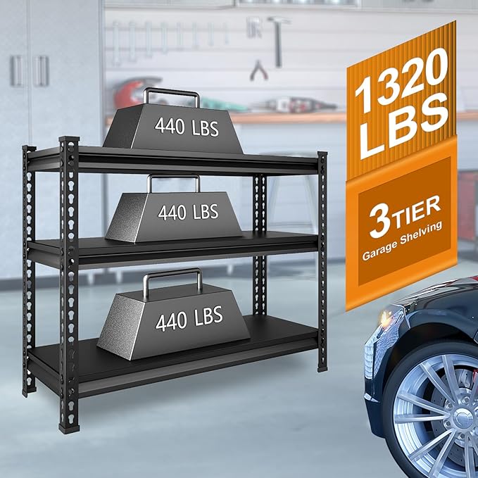 3-Tier Garage Shelving Heavy Duty,40”W x 18”D x 36”H Metal Shelving Unit，1320 lbs Weight Capacity Adjustable Storage Shelves for Retiple Tanks, Aquariums, Pantry, Garage，Black