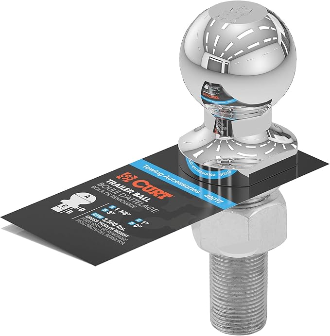 CURT 40017 Chrome Trailer Hitch Ball, 3,500 lbs, 1-7/8-Inch Diameter, 1 x 3-Inch Shank
