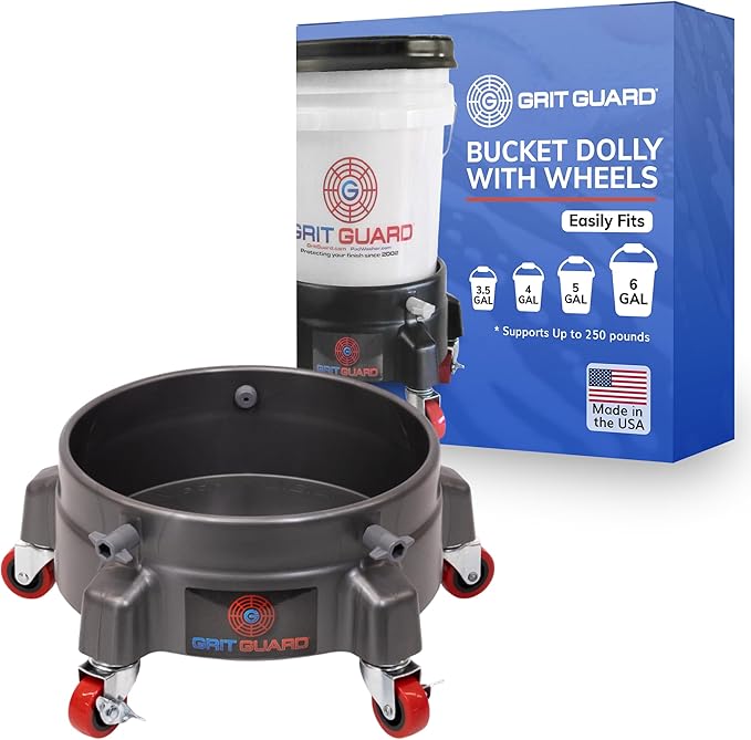 GRIT GUARD Bucket Dolly with Wheels - Rolling Detailing Wash Bucket with 5 Wheels and 2 Locking Casters Compatible with 2.5, 4, 5 and 6 Gallon Buckets (Silver, 2" Red Casters)