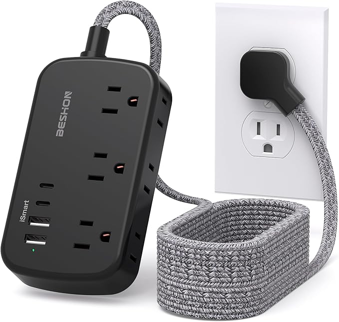 BESHON 15 FT Flat Plug Power Strip with USB C, 6 Outlets, No Surge Protector for Dorm Room, Black