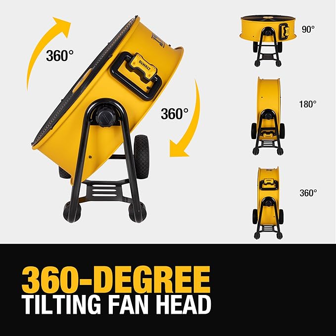 DEWALT DXF2490 High Velocity Fan, Floor Fans, 24 Inch Large Electric Metal Rotating Industrial Fan with 360° Adjustable Tilt & Large Wheel, Drum Fans for Outdoor and Warehouse, Yellow
