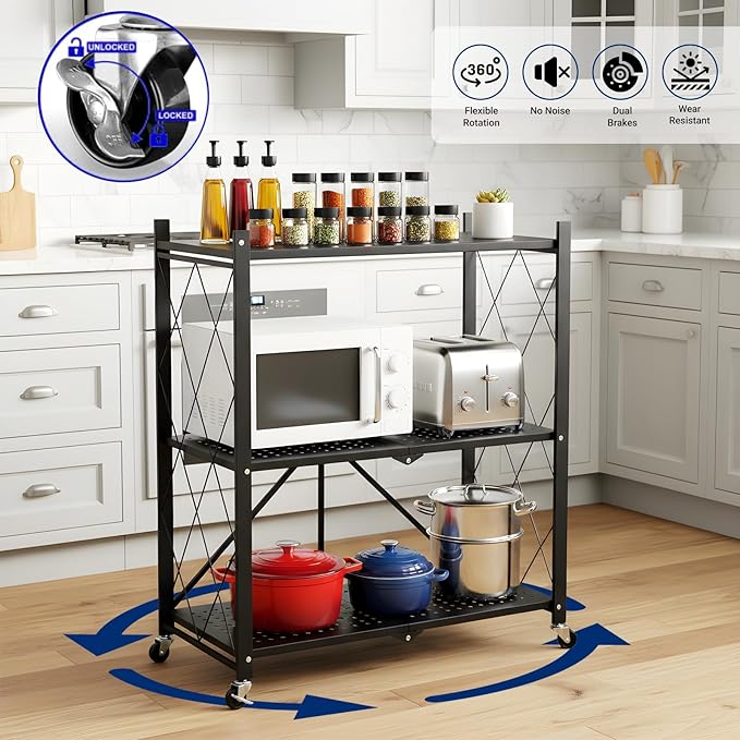 3 Tier Foldable Storage Shelves with Wheels, Metal Collapsible Organization Storage Rack, No Assembly Folding Bookshelf, Rolling Storage Rack for Kitchen, Bedroom, Pantry, Garage, Display, Black