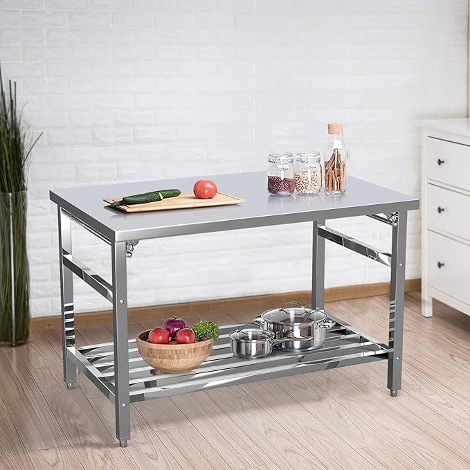48" x 30" Stainless Steel Commercial Work Table, Heavy Duty Folding Stainless Steel Prep Table with Adjustable Undershelf for Restaurant, Kitchen, Food Service, Space-Saving, No Installation Required