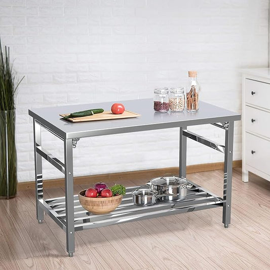 48" x 30" Stainless Steel Commercial Work Table, Heavy Duty Folding Stainless Steel Prep Table with Adjustable Undershelf for Restaurant, Kitchen, Food Service, Space-Saving, No Installation Required