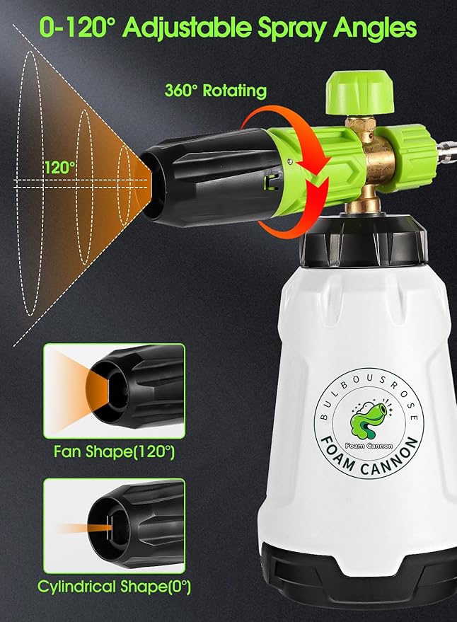 Foam Cannon for Pressure Washer (Wide Mouth), Stainless Steel Filter Thick Snow Car Wash Foam Gun, Adjustable Soap Cannon with 1/4“ Quick Connector, Additional 1.1mm Orifice Nozzle, 1L HDPE Bottle