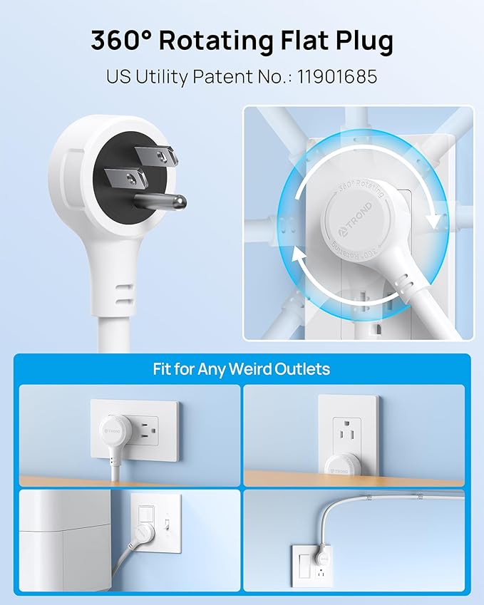 TROND 360° Rotating Plug Power Strip 10ft, Surge Protector with 2 USB A and 2 USB C, 10 Widely Spaced Outlets, 4000J, ETL Listed, Wall Mountable, for Home Office Entertainment, White