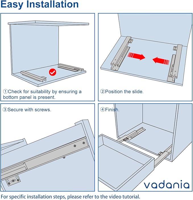 VADANIA 12" Undermount Drawer Slide, Push to Open, Bottom Mounted & Bottom Support, 88 lb Load Capacity, 3-Fold Full Extension, Invisible Drawer Slies,1 Pair(2-Pack)