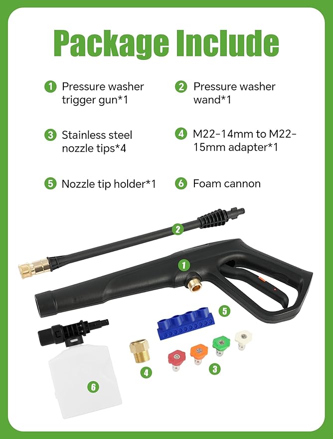 Pressure Washer Gun with Foam Cannon, Max W.P. 2320PSI, B.P. 5000PSI, M22-14mm & M22-15mm Fitting, 4 Stainless Steel Nozzle Tips & Holder, Replacement for Ryobi, Greenworks, and More