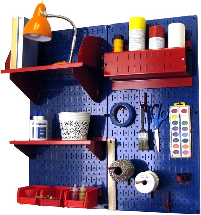 Wall Control Craft & Hobby Pegboard Organizer Storage Kit with Blue Pegboard and Red Accessories