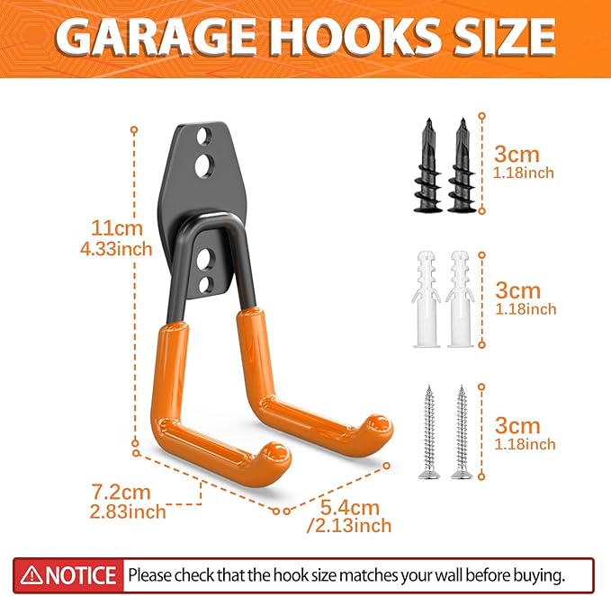 3-H Garage Wall Hooks Heavy Duty 8 Pack, Anti-Slip Steel Wall Mount Storage Hooks for Hanging Ladder Garden Yard Tools, Utility Organizer for Garage Lawn Shed(Orange)