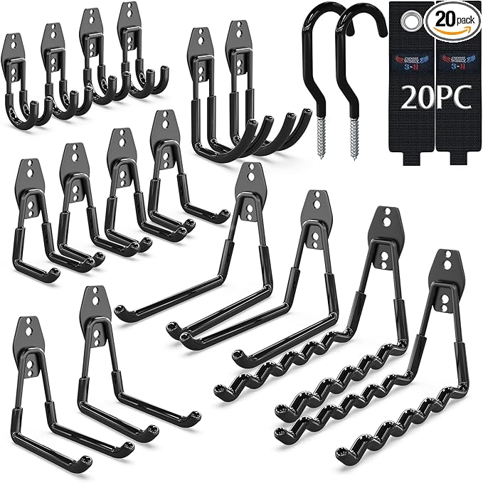3-H Garage Wall Hooks 20 Pack,Garage Hooks Heavy Duty,Garage Storage Hooks for Hanging and Organizing Garden,Lawn,Yard Tools,Chairs,Ladders,Weed Eater,Shovel,Blower(Black?)