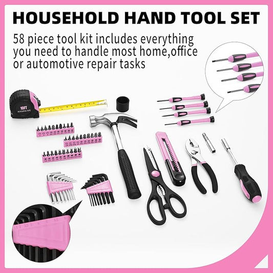 58-Piece household tool Set for home, General Household Hand Kit for home with Storage Toolbox, All Purpose Small Basic Tool kit for Women, Girls and Ladies,Pink