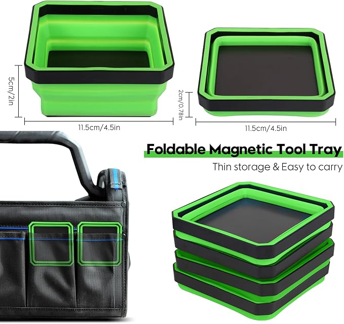 Collapsible Magnetic Parts Tray Set, 4 Pack New Version Magnetic Tool Trays for Screw Bolts Nuts Washers Pins & Small Metal Parts-4.5” Square Silicone Bowls with Double Sided Magnetic Base(Green)