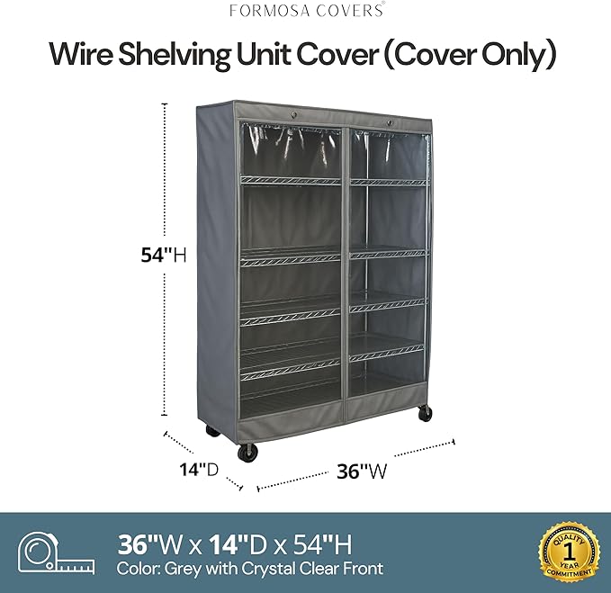 Formosa Covers Premium Clear Front Wire Shelf Cover Grey - Heavy-Duty Storage Solution Wire Rack Cover (36”Wx14”Dx54”H) - Waterproof PVC, Water/Dust Resistant Fabric, Multi Zipper (No Shelf)