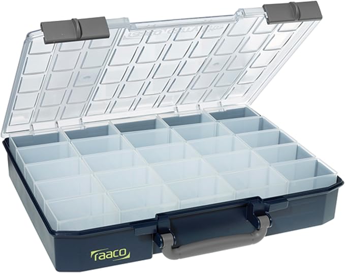 Raaco CarryLite Deep Small Parts Organizer Box – 3.2 Inch Height – 25 Inserts – Anti-Mix U-Profile Lid for Screws, Bolts & Nuts – Secure Sliding Lock – Portable Hardware & Tool Storage (CarryLite 80)