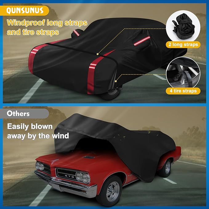 QUNSUNUS Waterproof Car Cover for Pontiac GTO 1964-1974, Outdoor GTO Car Cover with Cotton Lining, All Weather Cover with Straps and Zipper for Wind, Sun, UV and Dust Protection