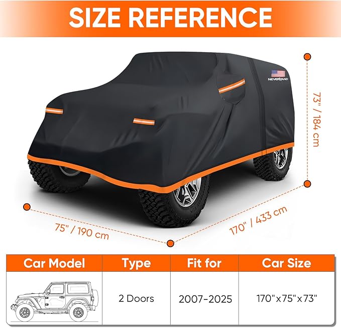 NEVERLAND Car Cover for Jeep Wrangler 2 Door Waterproof Car Covers, All Weather Protection Jeep Sun Rain Protection for Wrangler 2 Fits JK JL 2007-2025 Outdoor Covers (Black+Orange)