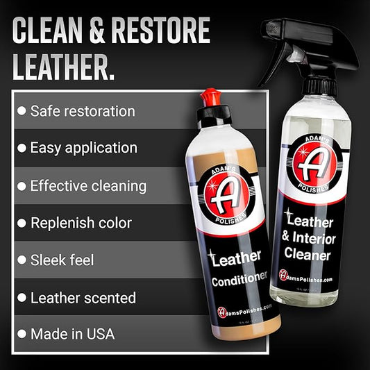 Adam's Polishes Leather Care Kit - Leather Cleaner & Conditioner Car Cleaning Supplies | UV Protection for Interior Accessories Steering Wheel Seat Dash Vinyl Shoe Polish Jacket