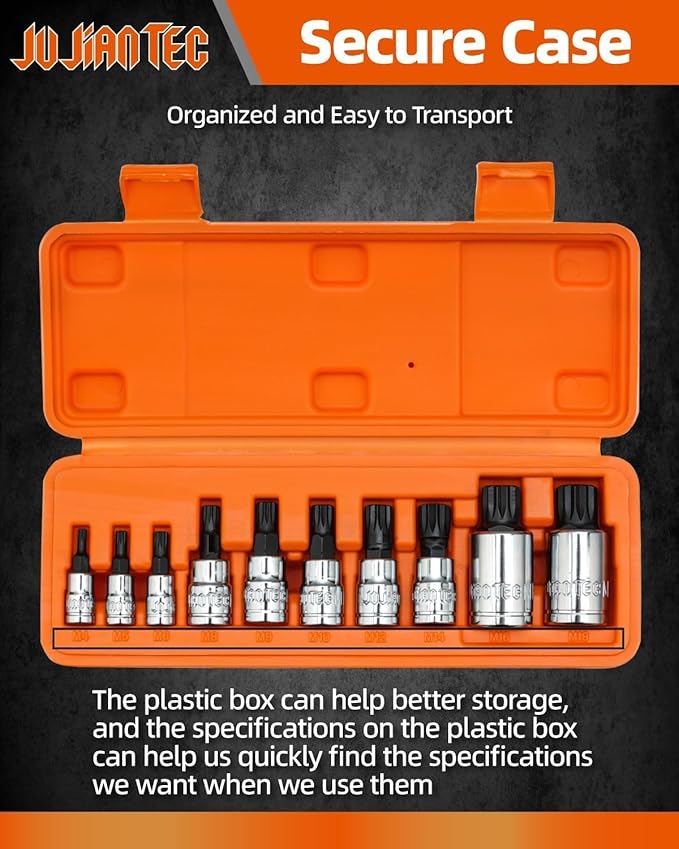 XZN Triple Square Spline Bit Socket Set, 10 Piece, Metric sized, M4 - M18 Set, Premium chrome vanadium Alloy Steel, with Molded Case