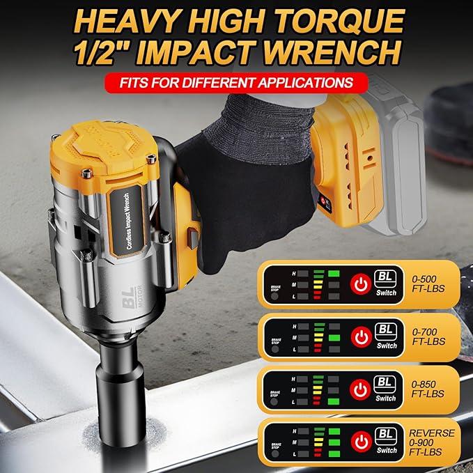 Labfintom Cordless Impact Wrench 1/2 Inch for De-Walt 20V Battery, 1200N.m High Torque Brushless Electric Impact Gun, 3-Speed, 5 Sockets, Power Impact Driver for Car Tires, Auto Repair(No Battery)