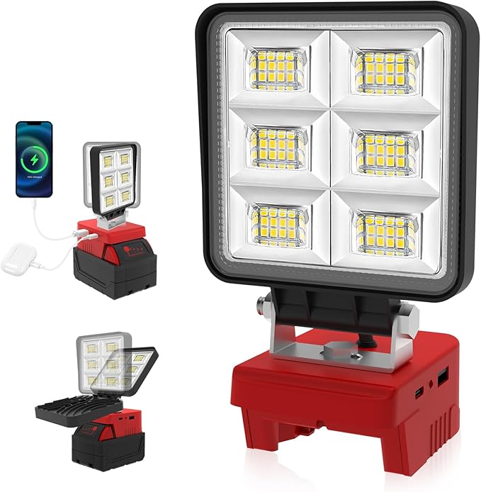 LED Work Light Compatible with Milwaukee 18V Battery, T-SUNiceM 5200LM Flashlight, 18V Battery Cordless Work Light 140°Adjustable with Low Voltage Protection for Outdoors and Job Site Lighting