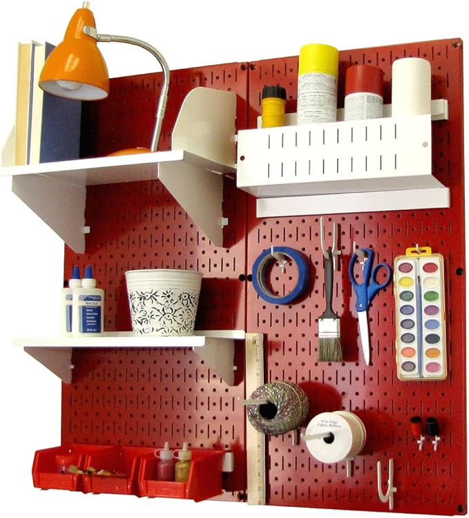 Wall Control Craft & Hobby Pegboard Organizer Storage Kit with Red Pegboard and White Accessories