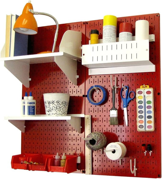 Wall Control Craft & Hobby Pegboard Organizer Storage Kit with Red Pegboard and White Accessories