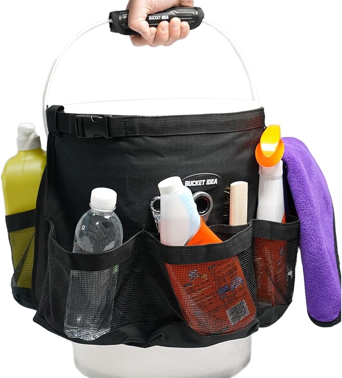 KUNN Car Wash Bucket Tool Organizer for 5 Gallon Bucket with Towel Holder Ring,Soap Pockets Cleaning Bucket Organizer Water-Resistant Mesh Pockets for Clean Supplier,Car Wash Supplier Black