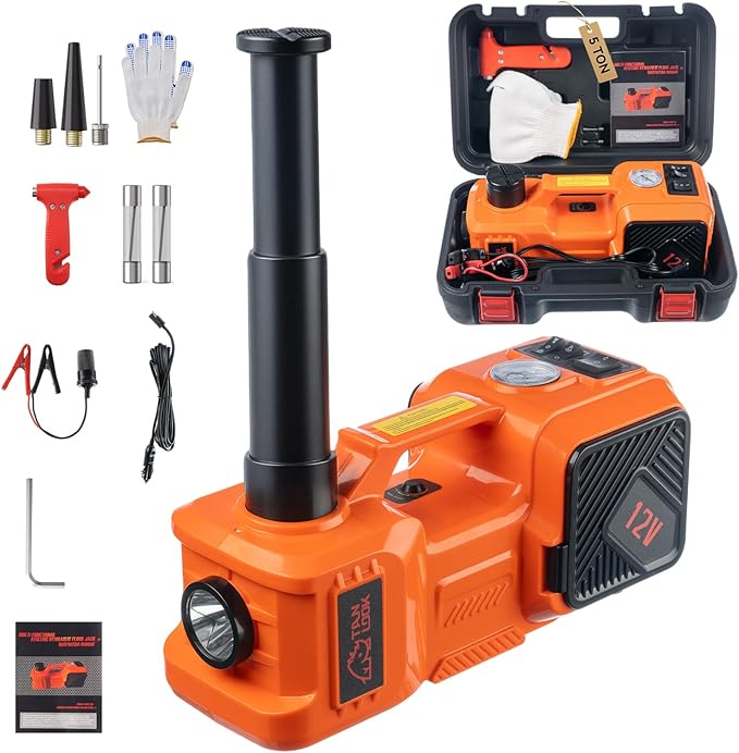 Electric Car Jack Kit with Hydraulic Lift 5-Ton, Tire Inflator Heavy-Duty 12V Floor Jack for Sedans,SUVs,MPVs & Trucks.Ideal for Tire Changes & Garage Repairs (Without Wrench)