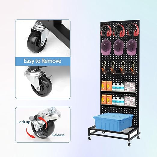 NectaCol Metal Pegboard Display Stand with Baseplate, Two Separately Pegboard Panels, 2'x 5' Standing Pegboard Display with Four Wheels, Peg Board Display Rack, Extra 30 Pieces Hooks (Black)
