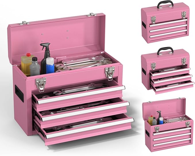 3-Drawer Tool Box, Tool Storage Cabinet, Tool Chest and Locking Mechanism, Metal Tool Cart for Garage Workshop and Room Use (Pink)
