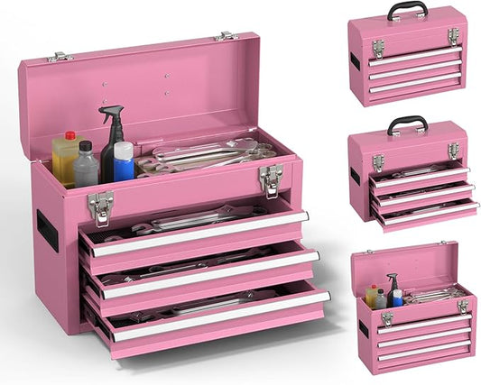 3-Drawer Tool Box, Tool Storage Cabinet, Tool Chest and Locking Mechanism, Metal Tool Cart for Garage Workshop and Room Use (Pink)