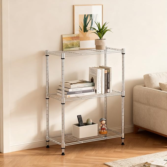 M MZG 450 lbs Wire Storage Shelving 3-Tier Utility Shelving Unit Steel Organizer Wire Rack for Home,Kitchen,Office,Chrome(11.8" D x 17.7" W x 26.4" H)