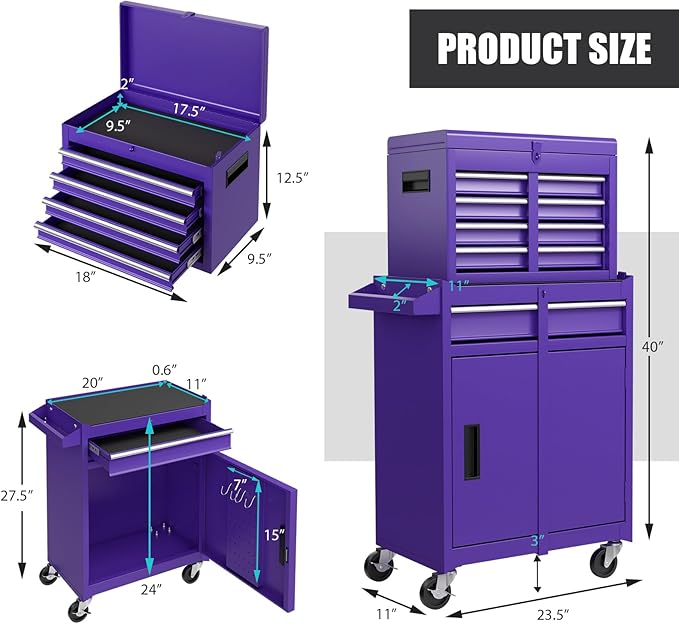 Goplus Purple Tool Chest, 5 Drawers Rolling Tool Cabinet w/Detachable Top Toolbox, Universal Lockable Wheels,Lock Bar,Protective Liner,Tool Rack, Metal Tool Storage Cart, Tool Box for Garage Workshop