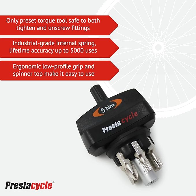 Prestacycle Mini Bike TorqKeys - Preset Torque Tool w/6 Bits & Holder – Compatible with Standard 1/4" hex bit - Choose from Sizes: 3Nm, 4Nm, 5Nm.