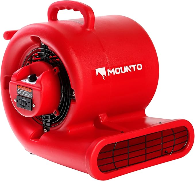 Mounto 1/3hp Air Mover 2000cfm Carpet Dryer Blower Floor Drying Fan - 3-Speed Air Mover w/Dual GFCI Outlet, 25ft Power Cord for Drying, Cooling, Air Circulation (Red)