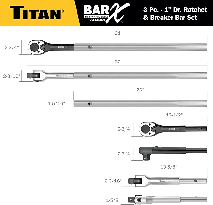 Titan Bar-X 61323 3-Piece 1-Inch Drive Interchangeable Ratchet and Breaker Bar Set